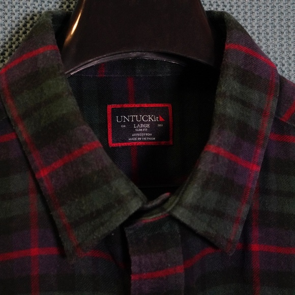 UNTUCKit Slim Fit Flannel Shirt - Men’s Large - Green/Red Plaid Button Down - Picture 5 of 14